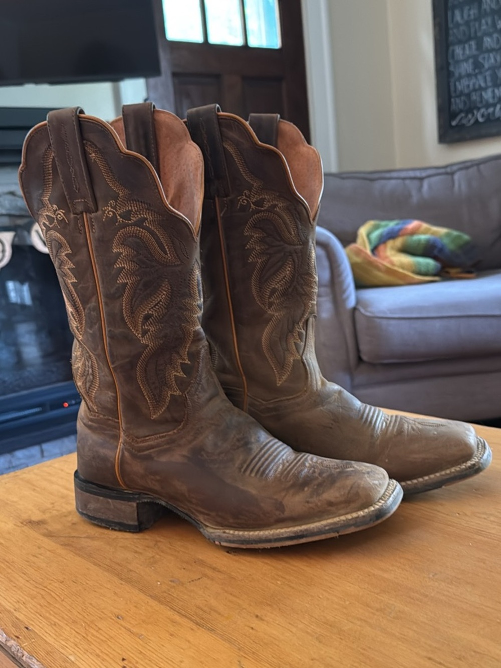 Dan Post Brown Leather Western Cowgirl Boots with Embroidered Shaft